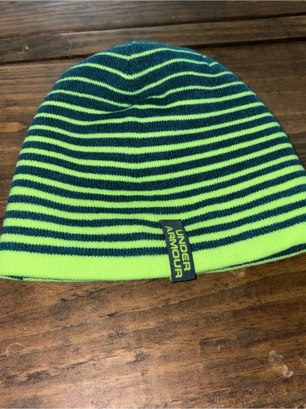 Under Armour Kids Neon Green & Navy Striped Logo Beanie
